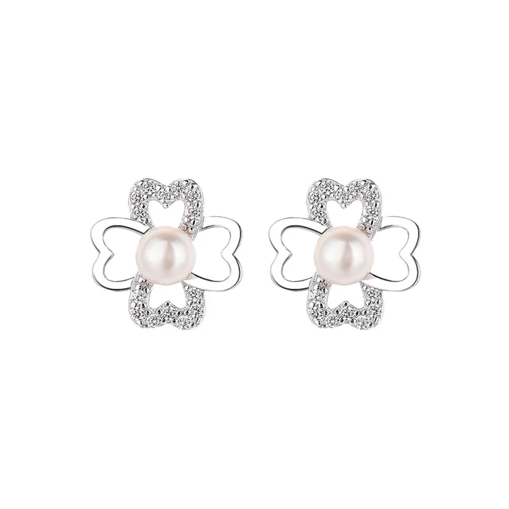 

Женские серьги из стерлингового серебра 925 пробы с натуральным пресноводным жемчугом и микроинкрустацией клевера, простые модные аксессуары со свежим цветочным принтом