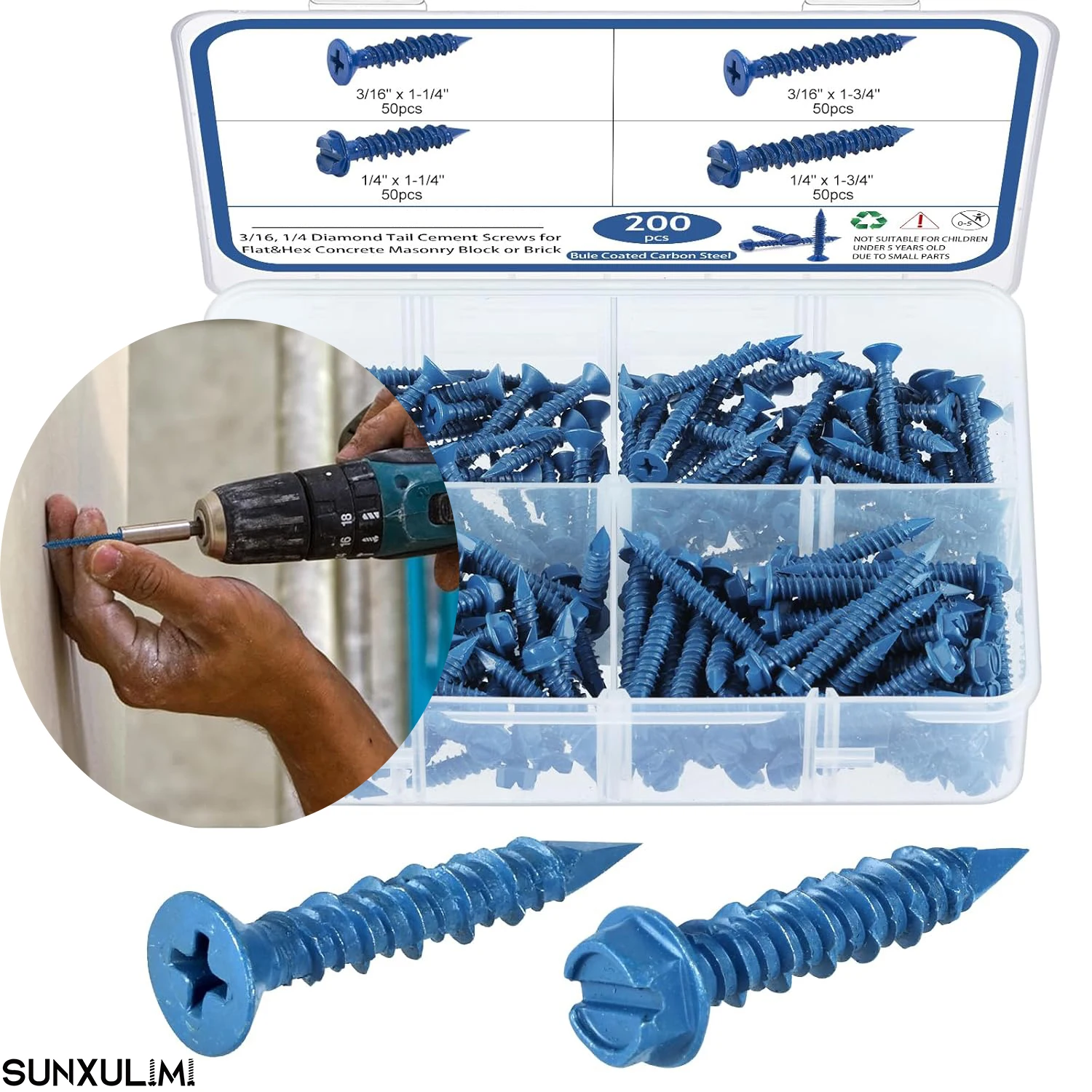kit-surtido-de-200-tornillos-para-concreto-de-1-4-y-3-16-tornillos-y-anclajes-para-mamposteria-bloques-ladrillos-y-cemento-con-cabeza-plana-y-hexagonal-sin-perforacion-previa