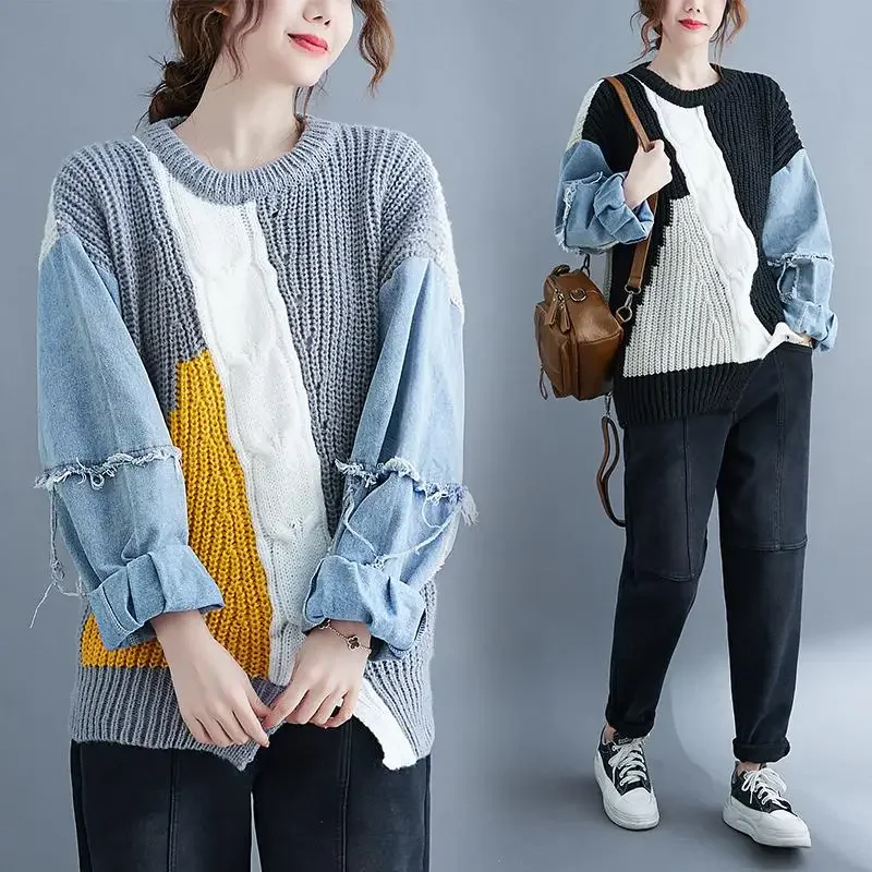 Dimanaf 2024 Winter T-Shirt Oversize Women Sweaters Denim O-Neck Patchwork Pullover Knitting Basic Blue Fashion Loose Sweater