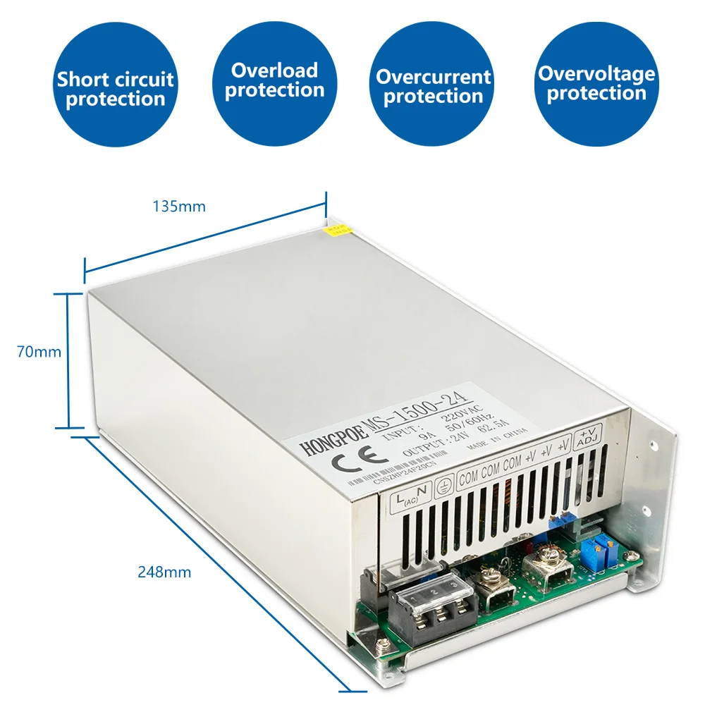 1500W Adjustable Switching Power Supply 0-12V 13.5V 15V 24V 36V 48v 60V 72V 80V 110V 150V 220V 110/220V AC/DC Single Output SMPS