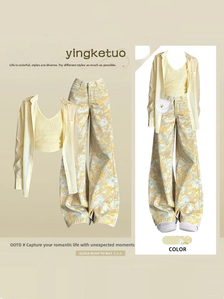 

Laid-back Yellow Design Women's Summer Shirt Strap Denim Pants Three-piece Set Fashionable High Waist Loose Fit Long Sleeve