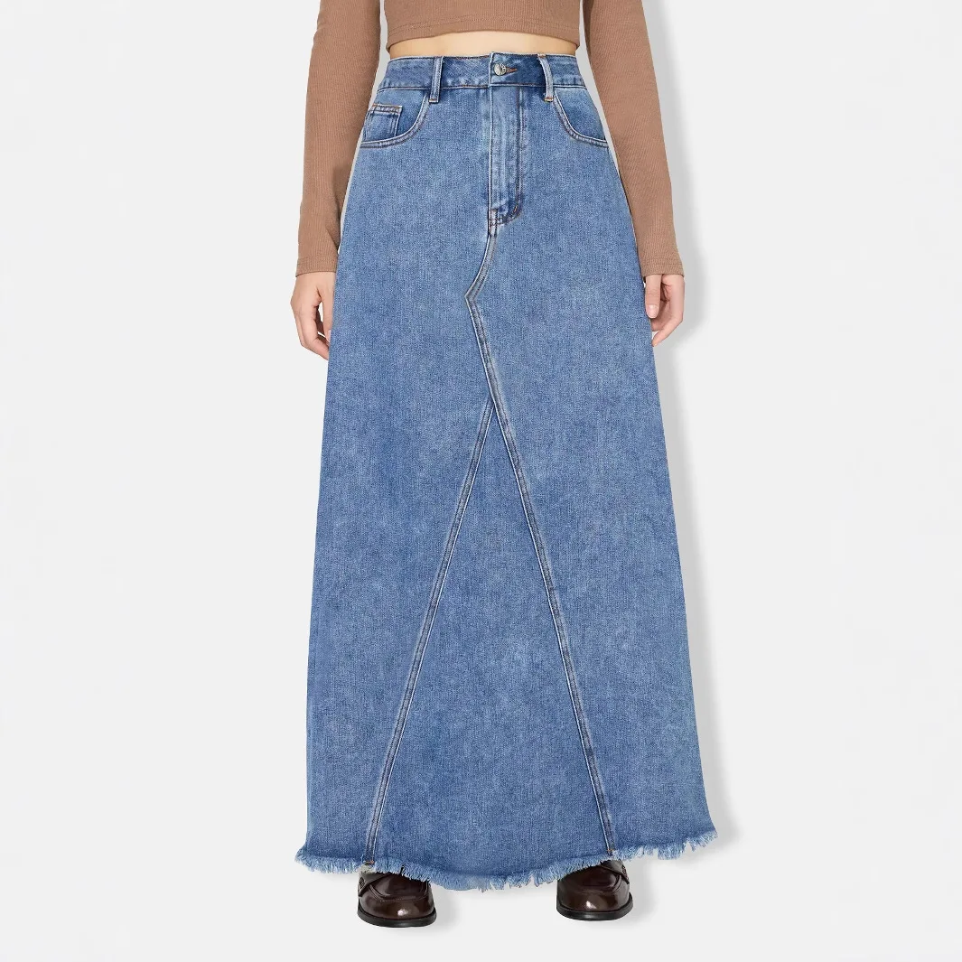 

Denim Skirt Women Vintage Long Skirts High Waist Distressed Washed Button Pockets Summer Female Basis A Line Streetwear 2025