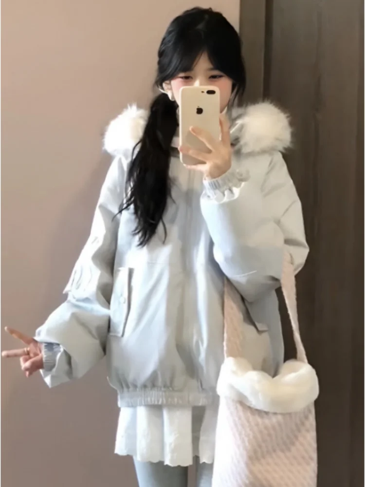 

American Workwear Sle Women's Thiened Cotton Jaet Coat with Hood Fur Collar Spring 2026 Warm And Sli Outerwear