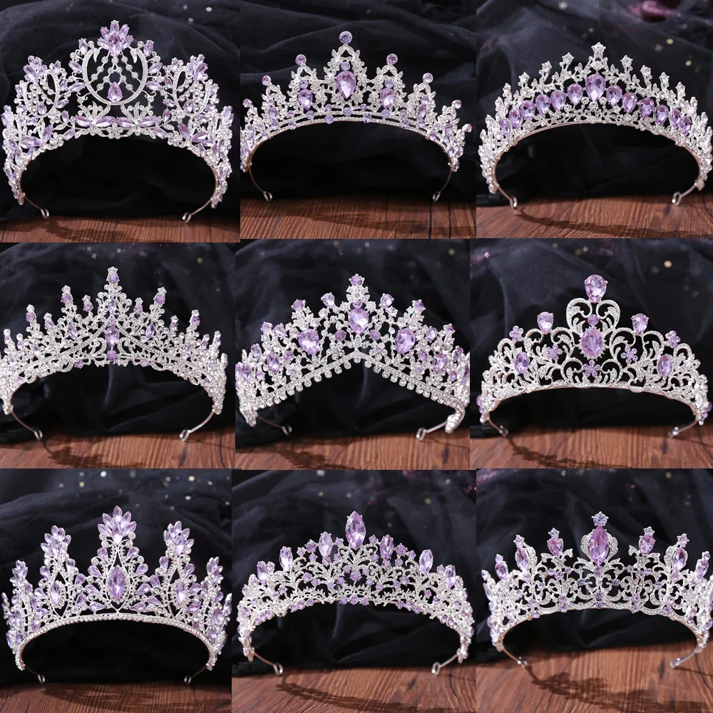 DIEZI Fashion Luxury Queen Princess Light Purple Crystal Crown Bride Tiara Wedding Korean Headpiece Hair Jewelry Accessories