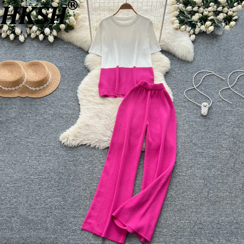 

HKSH Summer Women Korean Style Fashion Trend Set Color Block Round Neck Short Sleeve Top Slimming Wide Leg Straight Pants HK8169