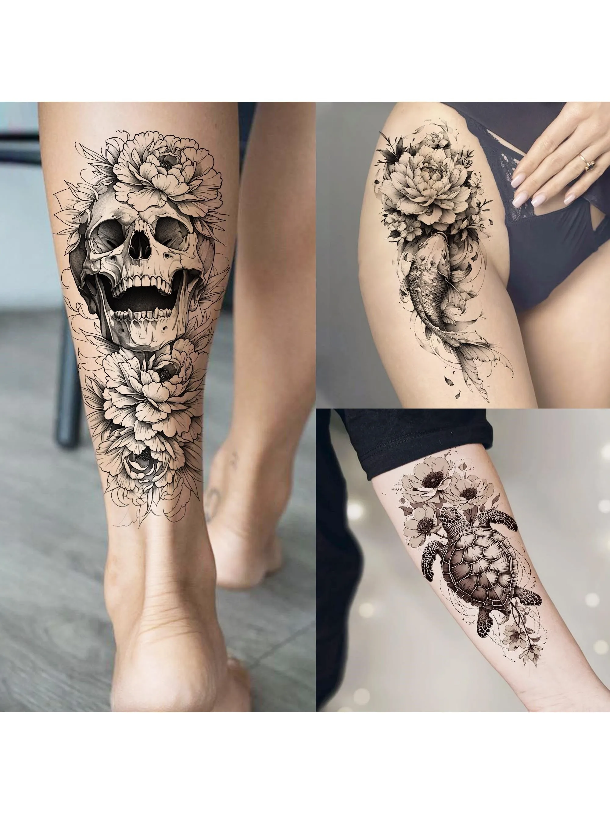 1 feuille crâne pivoine fleurs tatouages temporaires pour femmes filles imperméable faux tatouages poisson tortue Floral Tatoo autocollant dernier Long