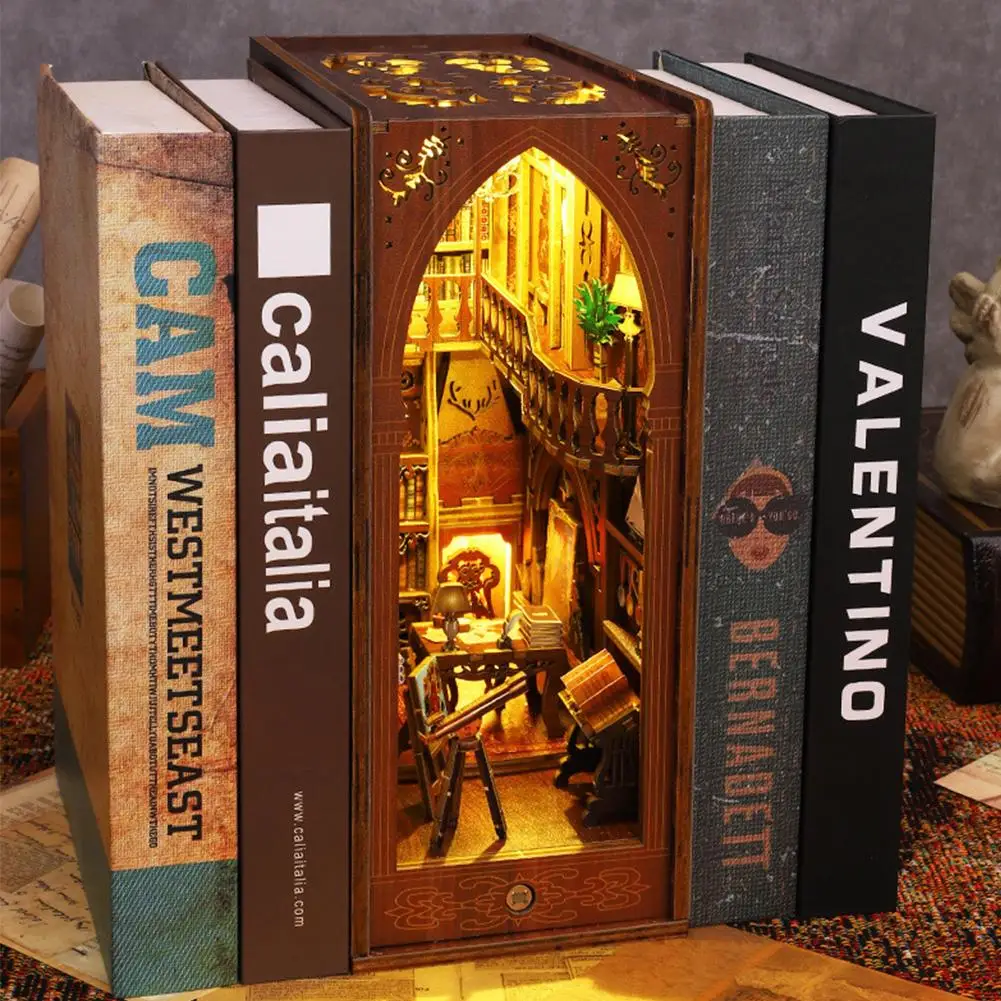 Unique Book Nook Kit 3D Miniature House with LED Light Booknook Bookshelf Insert Decor Wooden Bookend Bookshop Diorama Gift