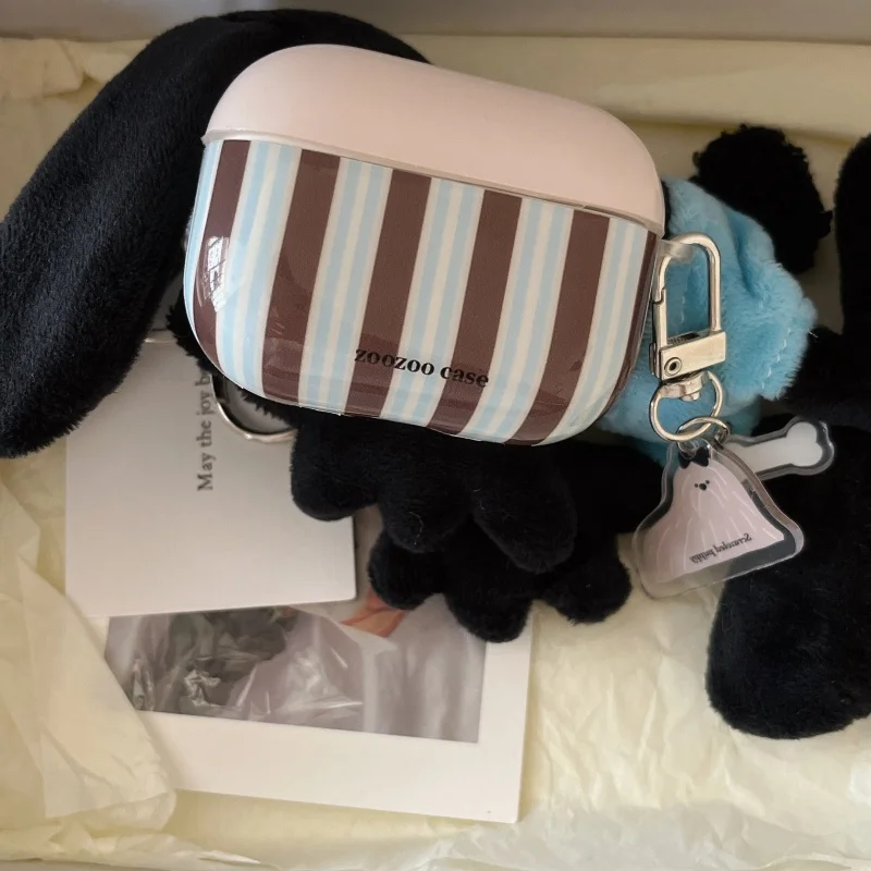 Kaffeestreifen-Kopfhörerhülle mit Bärenanhänger für Apple Airpods 1 2 Airpods Pro, Pro2, Airpods 3, Airpods 4,