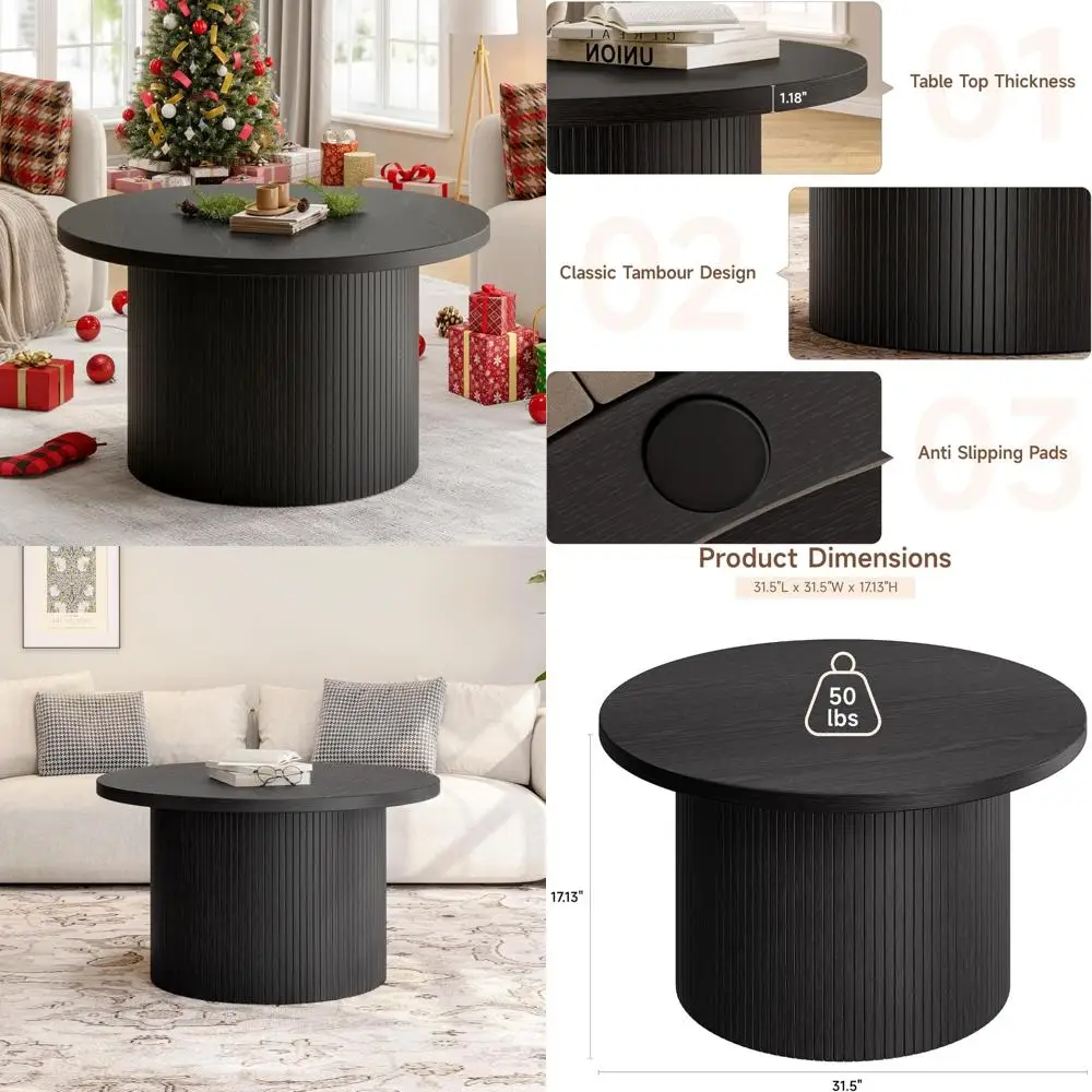 

Mid Century Modern Tambour Design Round Coffee Table for Living Room, Wood Drum Accent Table