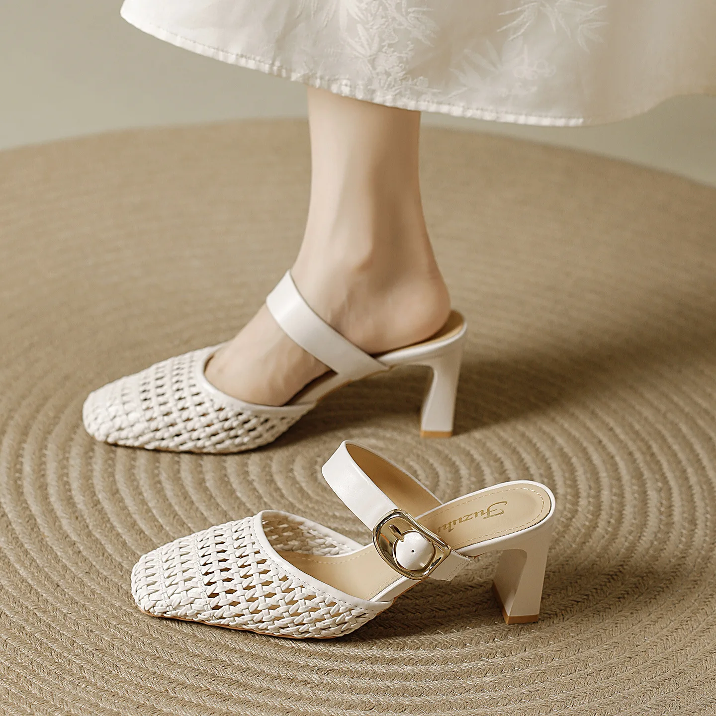 

Woven Sandals Women's Summer Models with Skirts French Square Head Elegant Thick Heel Hollow Outer Wear Bag Head Half Slippers
