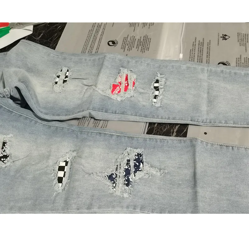 Pantalones vaqueros ajustados para hombre, Jeans elásticos de retazos de rejilla rasgada, pantalones pitillo elásticos de Hip-Hop para correr, ropa para hombre