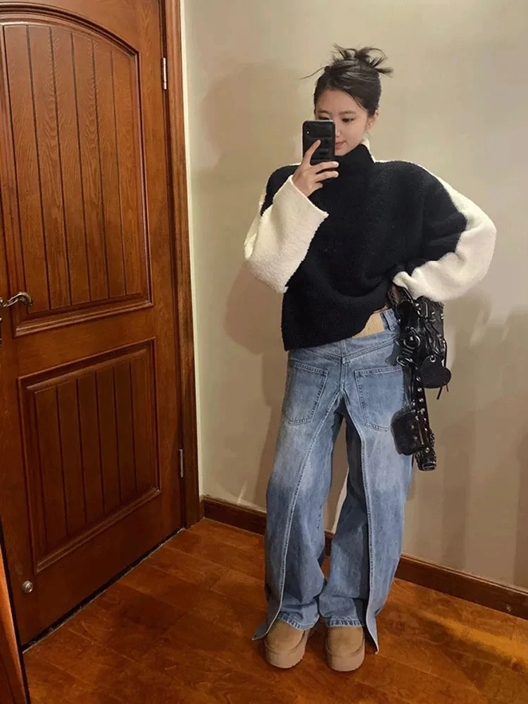 Grunge Denim Y2K pantaloni a gamba larga giapponesi Punk Kpop Jeans larghi a figura intera 2000s pantaloni lunghi estetici con orlo diviso tendenza