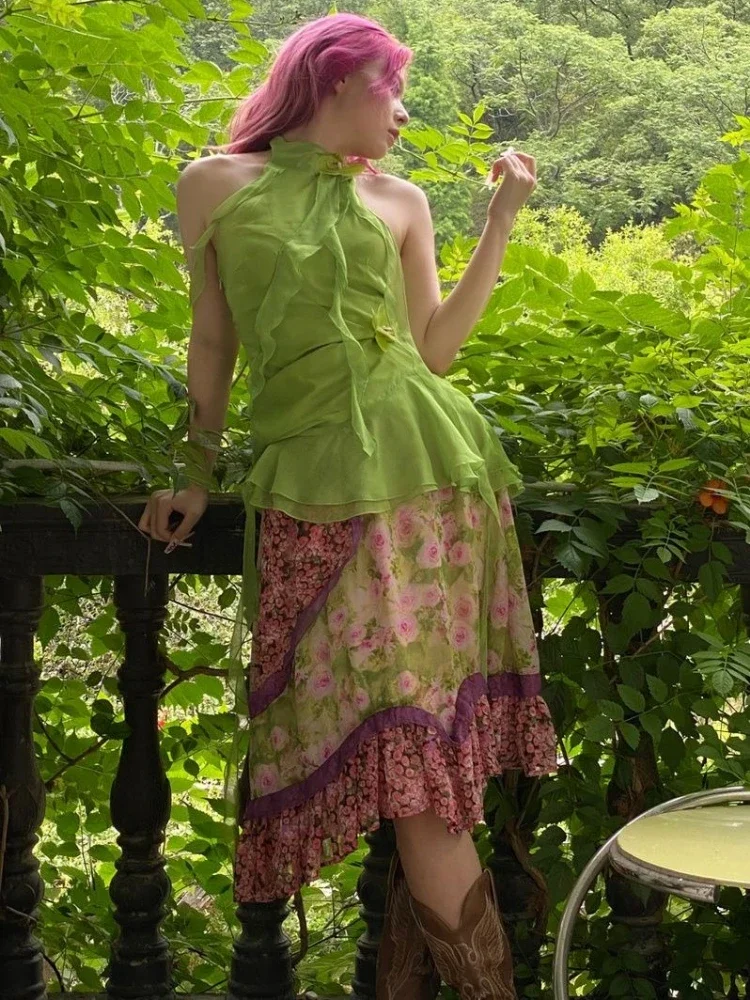 Y2k-Top con cuello Halter para mujer, Top Sexy estético sin mangas con volantes irregulares, camisola ajustada Grunge con flores 3d Vintage Harajuku