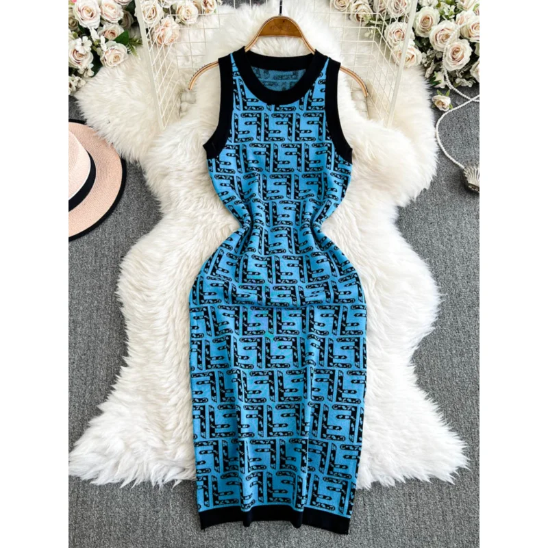 Chic vintage femmes été mince lettre imprimer tricoté moulante midi débardeur fête gaine robes genou longueur sexy club vestidos