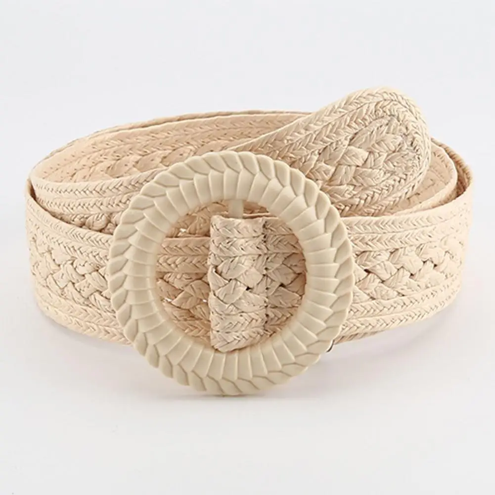 Women Belt Braided Round Buckle Plastic Ethnic Style Single Circle Waistband Fashion Accessory