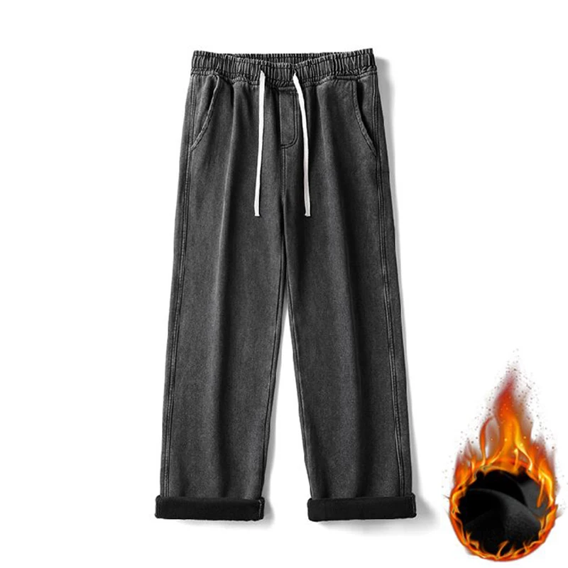 Calça jeans solta de lã de inverno masculina veludo quente cintura elástica perna larga y2k calças jeans retas e confortáveis roupas masculinas de marca