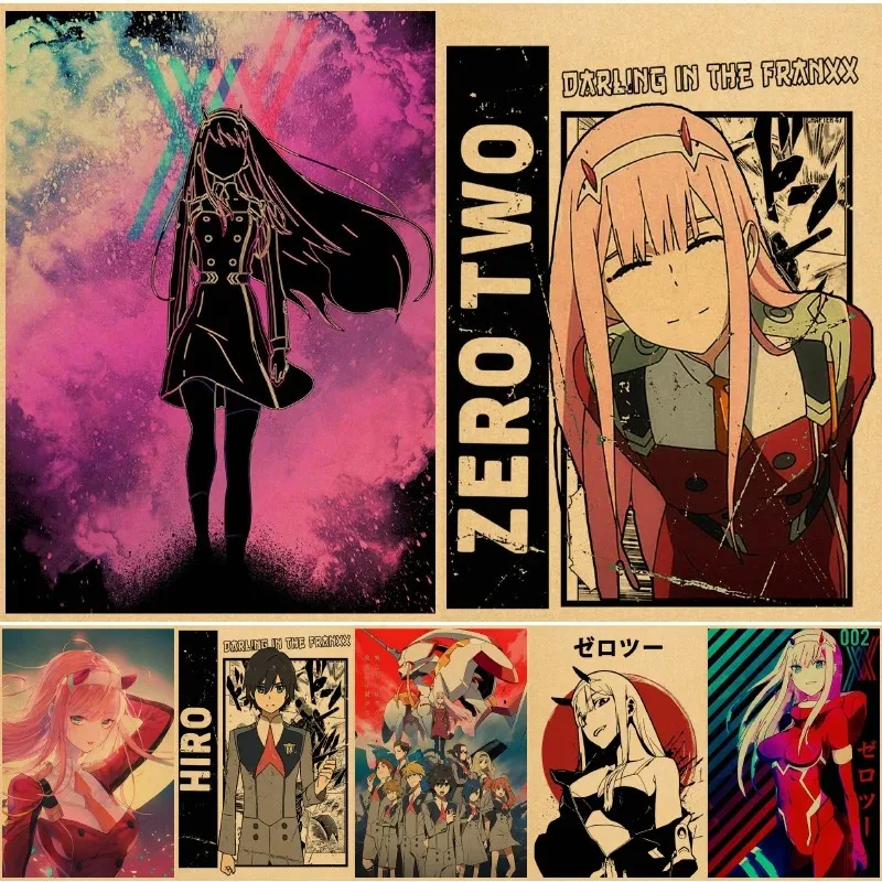 Japanese Anime DARLING in The FRANXX Retro Poster Decoration Bedroom Living Room Kraft Paper Poster Zero Two Wall Paper