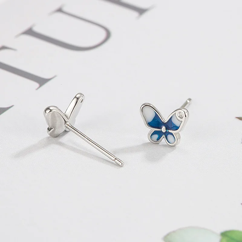 Sterling Silver Color Blue Zircon Butterfly Ear-Sticks Women's Earrings Fashion Jewelry