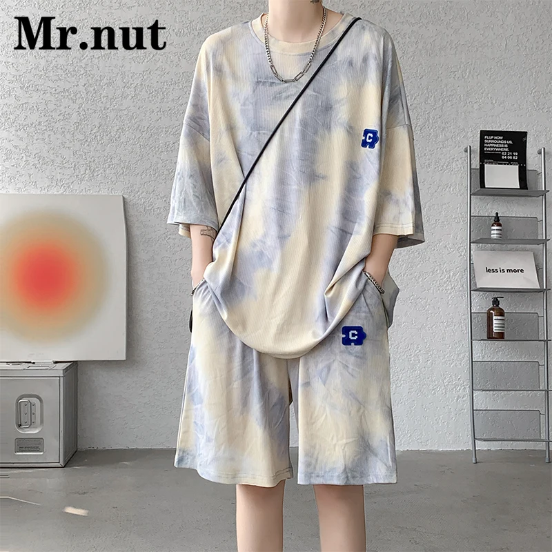 

Mr.Nut Summer Silky Cool Short Sleeve Shorts Suit Men T Shirt Clothing Two Piece Set Youth Fashion Loose Everyday Wear Clothes