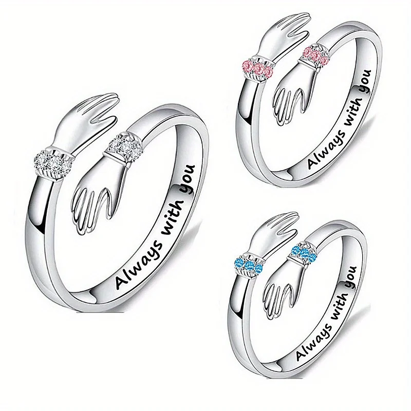 1pc 925 Silver Plated Hand Hug Pattern Design Synthetic Zircon Ring, Creative Embrace of Love, Adjustable Opening Ring, Warm Gift