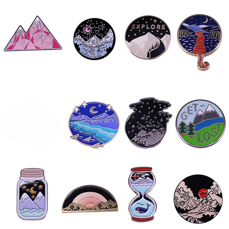 Snow Mountain Travel Adventure Enamel Pin Set Night Sky Landscape Brooches ,Wanderlust, Explore Nature Jewelry Outdoorsy Gift