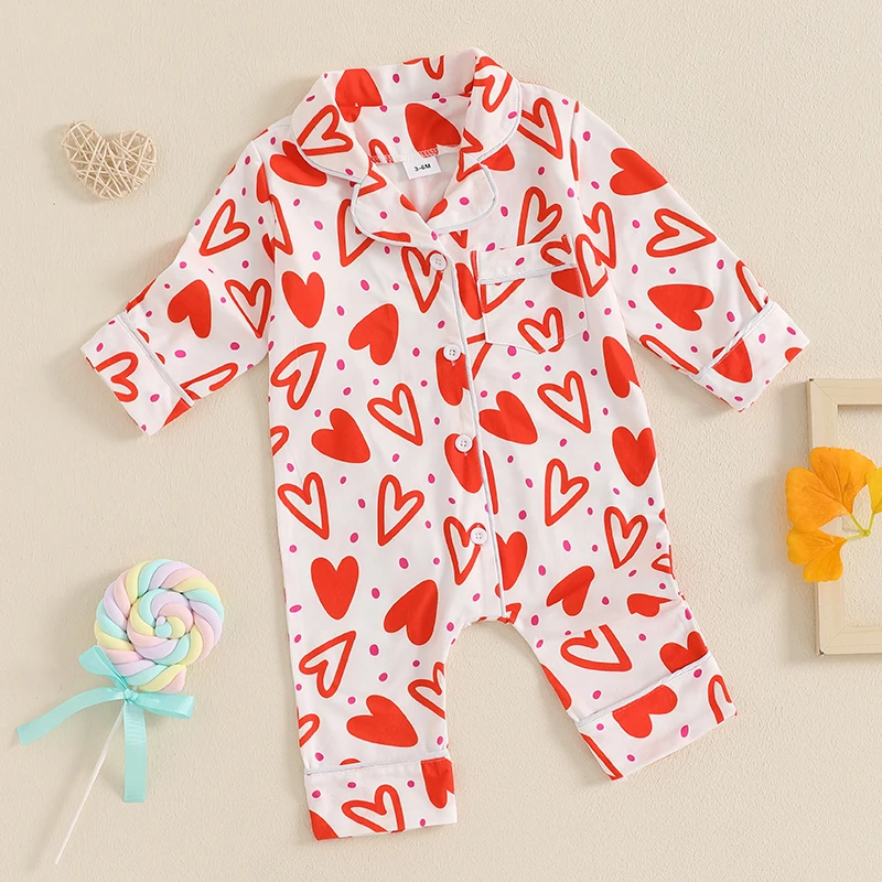 Baby Girl Autumn Pajama Romper Long Sleeve Lapel Heart Print Button-Down Cute Fashion Sleepwear Bodysuit