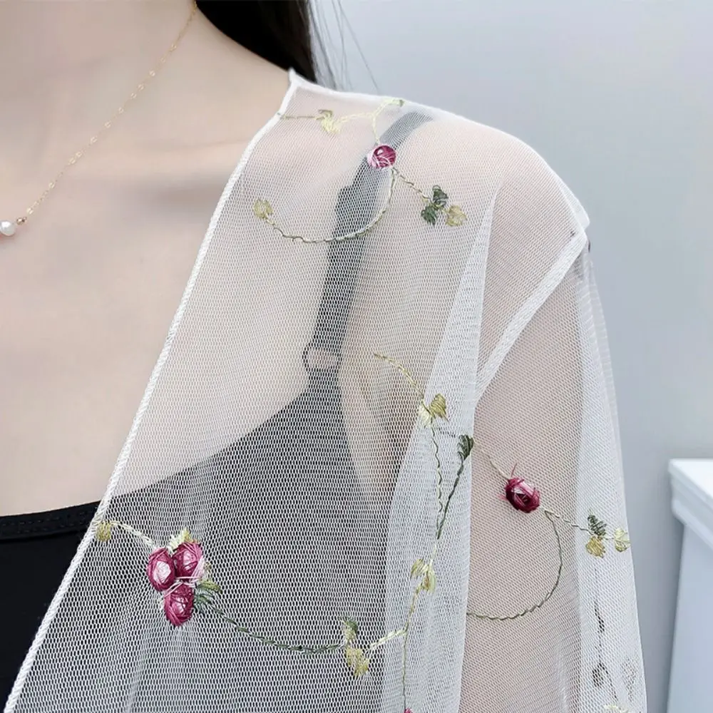 Embroidery Chiffon Small Shawl Jacket Flower Transparent Chiffon Cardigan Shirt Ultra-thin Sunscreen