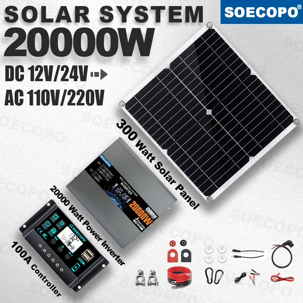 

SOECOPO 20000WPeak Solar System Kit 300WPanel 100A Controller 12V/24V 110V220V Inverter Generator for Camp Home charger off grid