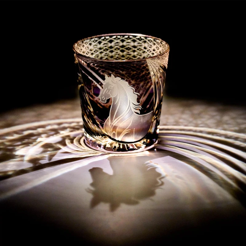 320ml Edo Kiriko Art Glass Whiskey Tumbler Hand-Carved Year Of The Horse Limited Series -Brandy Bourbon Vodka Glass Tumbler