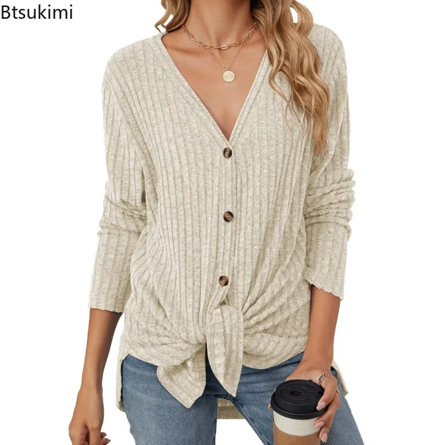 2024 Autumn Women's Long Sleeve Knitted T-shirt Fashion Stripe Solid Loose Casual Button Up Cardigan Top Thin Sweater Coat Femme