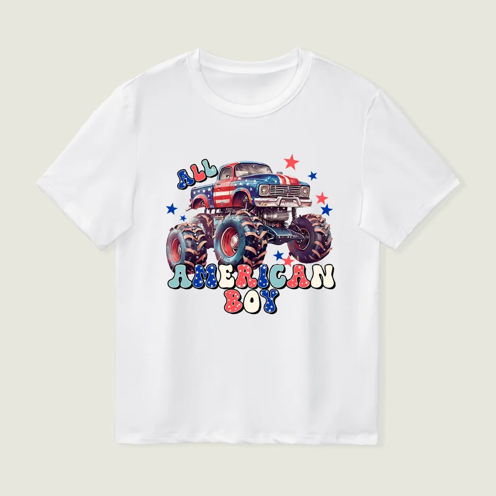 T-shirt a maniche corte per ragazzi Independence Day truck print summer new casual girocollo abbigliamento per bambini