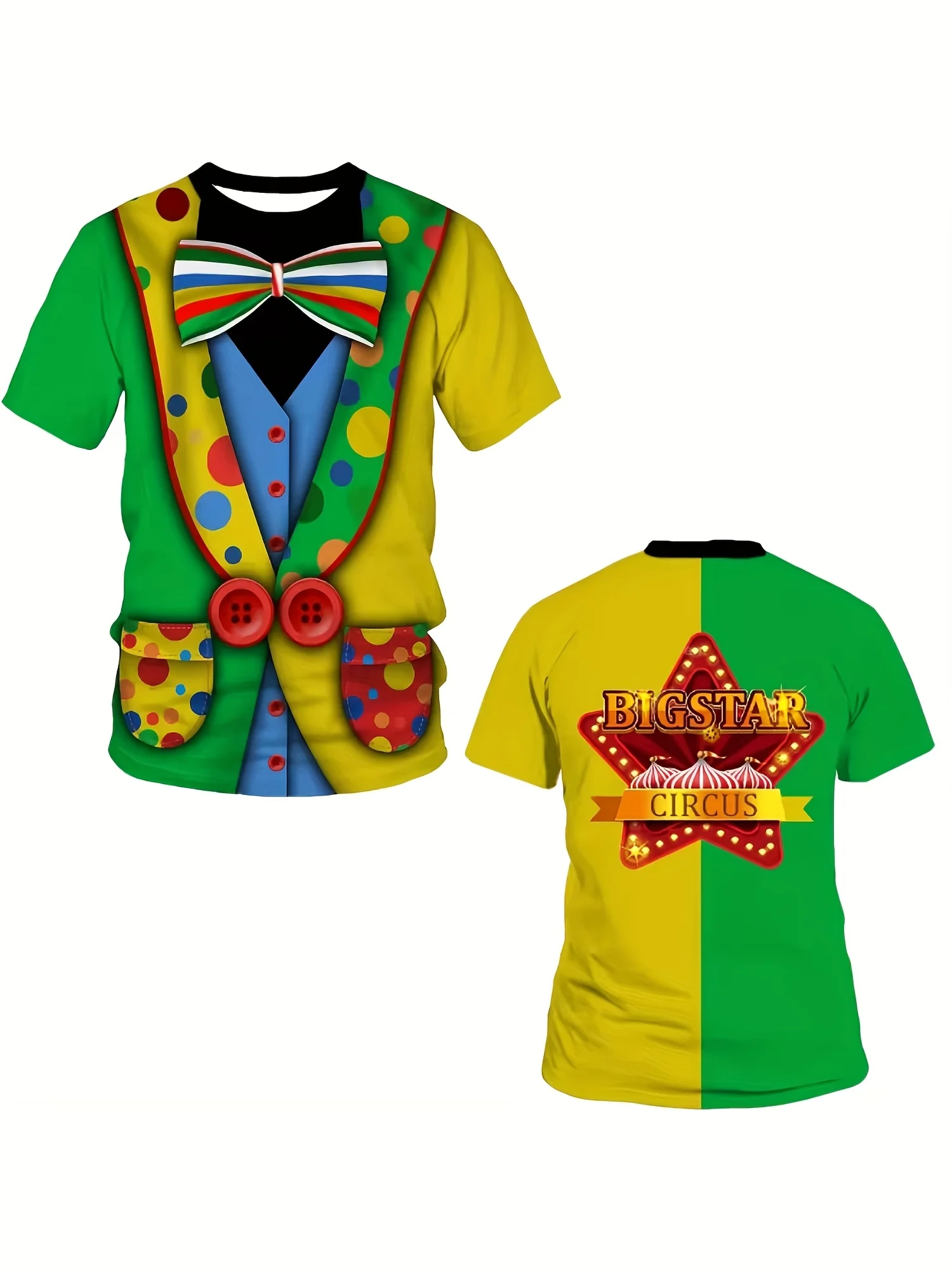 Camiseta masculina respirável de secagem rápida com padrão 3D, fantasia de palhaço brincalhão feminino com gravata borboleta falsa, mangas curtas