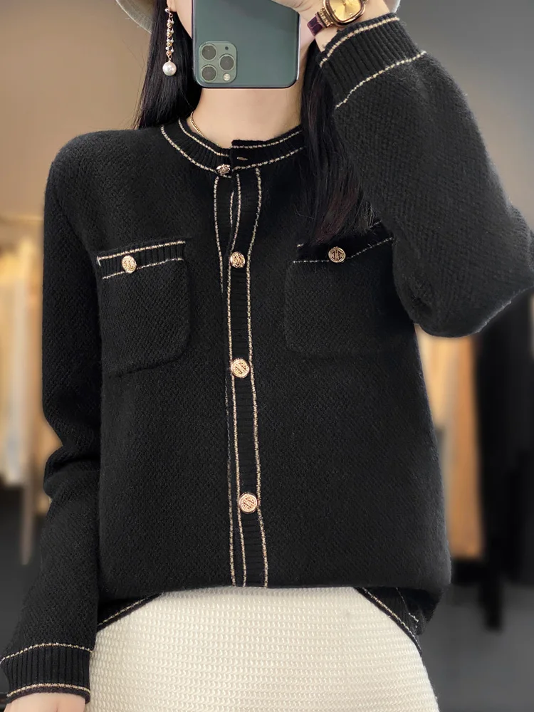 New Chic Spring Autumn Women O-neck Cardigan 100% Merino Wool Sweater Vintage Style Pockets Soft Solid Knitwear Korean Clothes