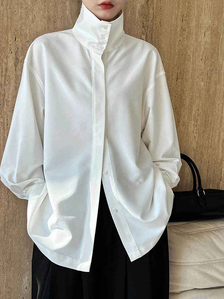 TWOTWINSTYLE Solid Minimalist Loose Shirts For Women Lapel Long Sleeve Spliced Button Temperament Blouse Female Fashion Clothes