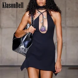 10.8 KlasonBell-Women Runway Fashion Hollow Out Diamonds Rose Flower Evening Dress Sexy Off-Shoulder Halter Party Short Dress