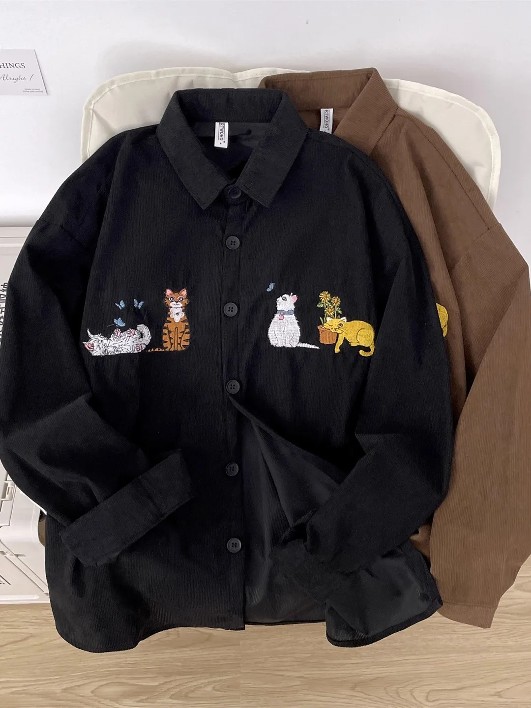 

Corduroy Embroidery Long Sleeve Shirt Loose Casual Outerwear Vintage Trendy Couples Shirt Youth Popular Style Warmth Prov...