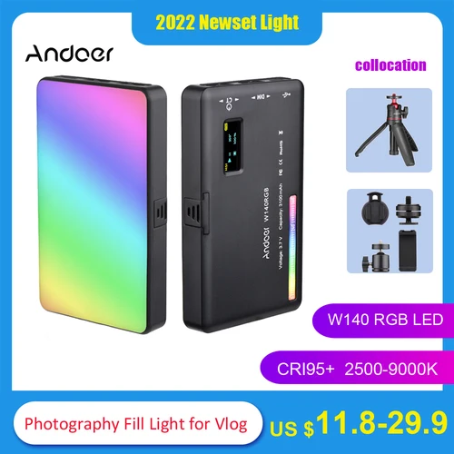 Andoer W140 RGB luz LED para vídeo 2500-9000K luz de relleno para fotografía CRI95 + pantalla LCD zapata fría para transmisión en vivo de Vlog