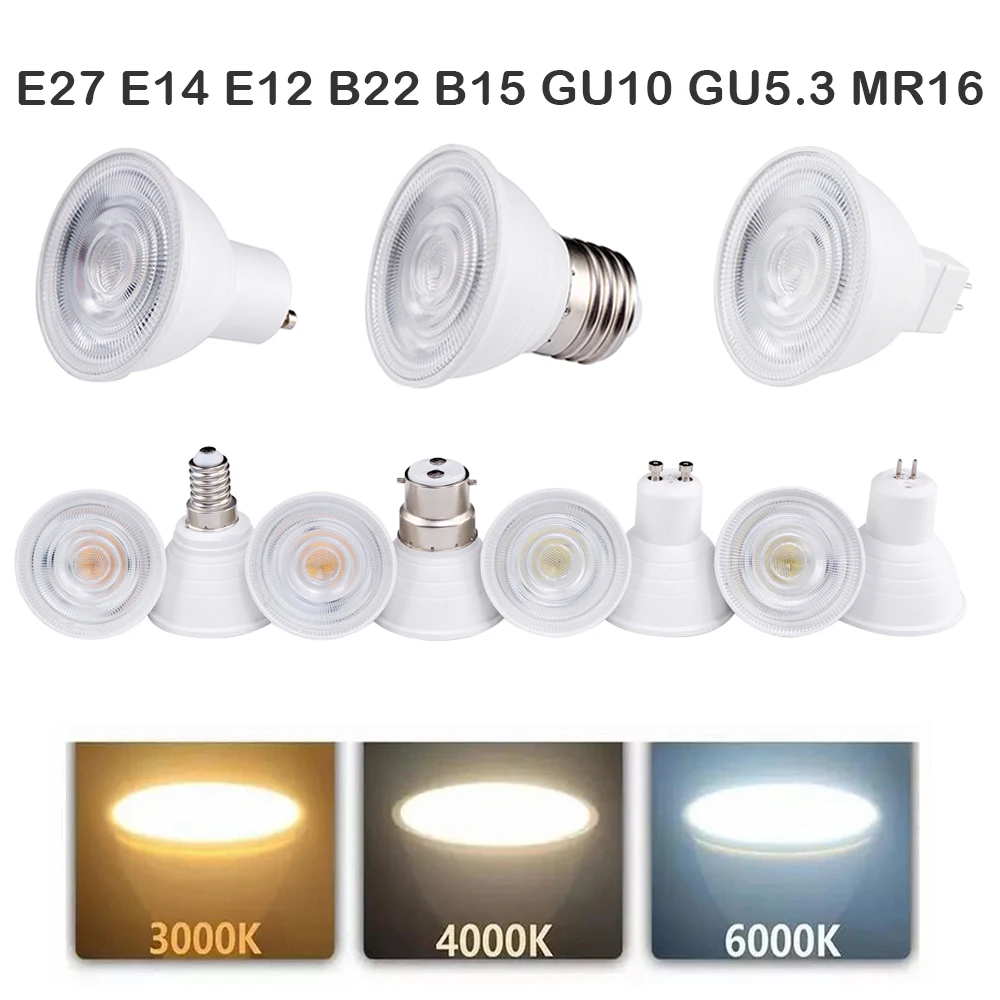 

Dimmable LED Lamp E27 E14 E12 B22 B15 COB 7W GU10 GU5.3 MR16 Bulbs Light 220-240V White Lamp Energy Saving Indoor Lighting