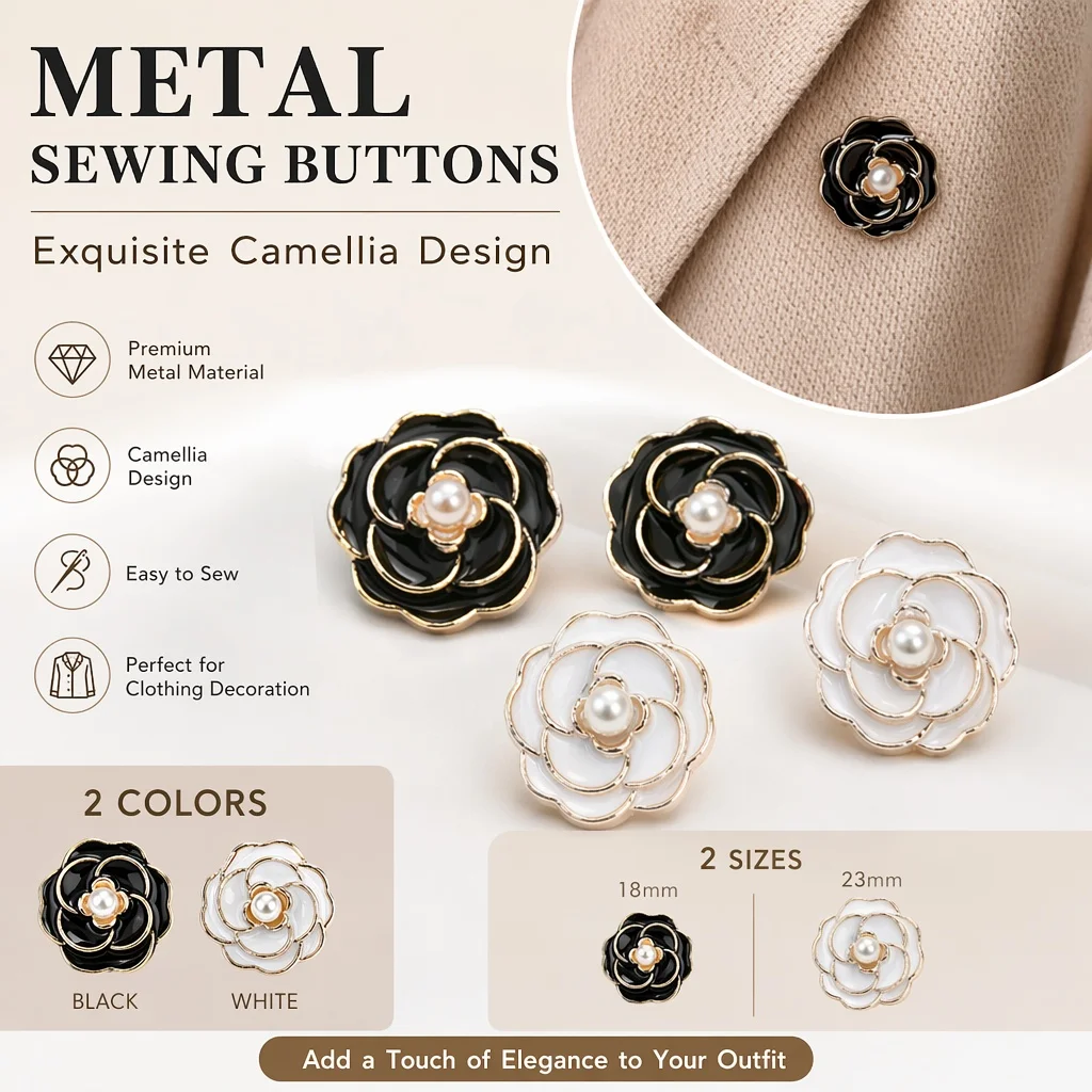 10 Stück Kamelien-Perlenknöpfe, schwarz-weiße Emaille-Ösenknöpfe, 18 mm 23 mm, elegante Nähknöpfe für Mantel, Blazer, Strickjacke, Kleid