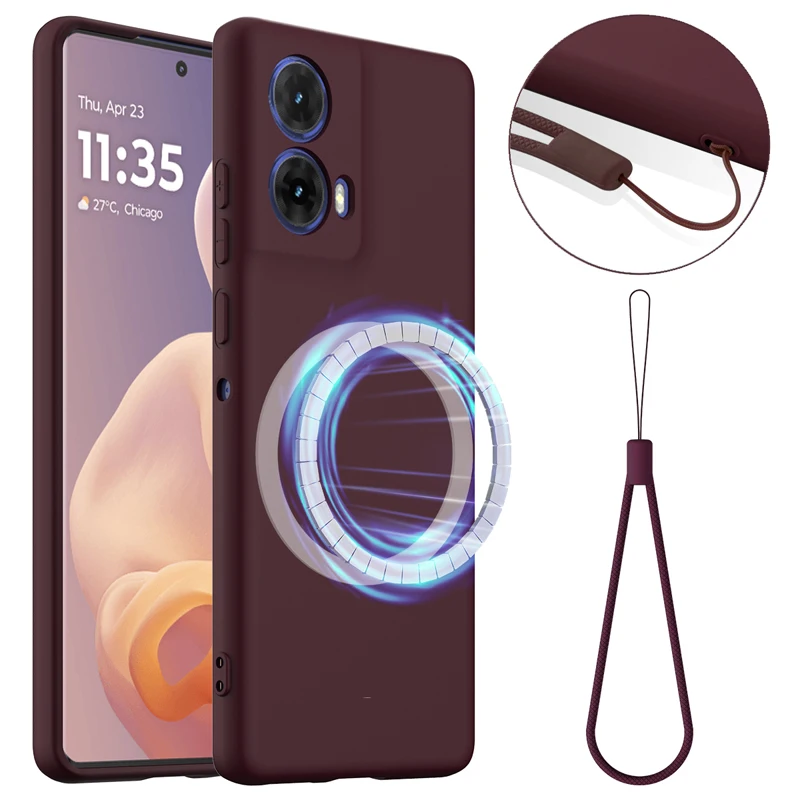 

For Motorola Moto G85, S50 NEO 5G Case ELVEV Magnetic Soft Premium Silicone with Flocking inside Back Cover with Strap Lanyard