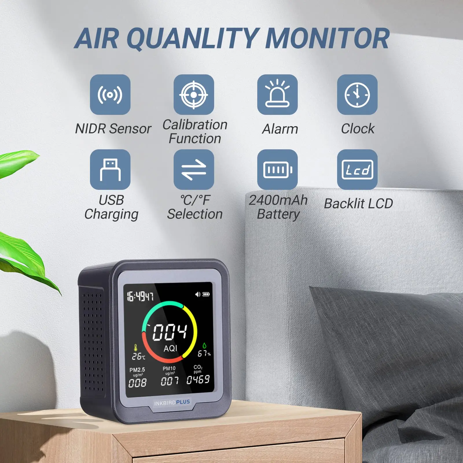 Imagem -02 - Inkbirdplus-monitor de Qualidade do ar Detecta Co2 Pm2.5 Pm10 Aqi Temperatura e Umidade com Alarme para Quartos Caves Escritório