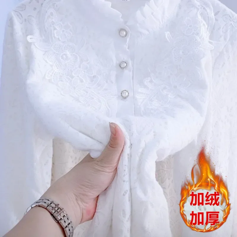Dames nieuwe mode kanten opstaande kraag plus fluwelen basisshirt verdikt warm shirt