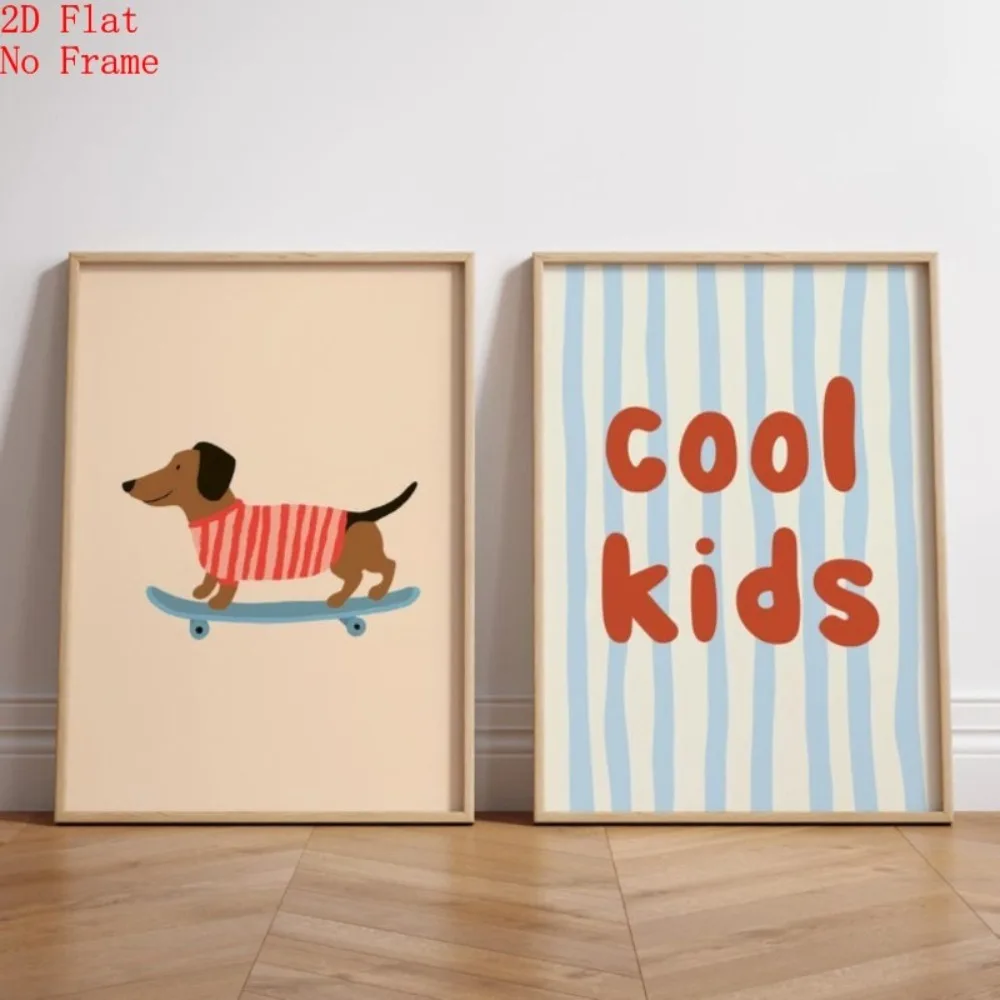 2pcs frameless canvas posters, cool wall art, skateboard dog baby room print, fun room decoration with striped layout posters