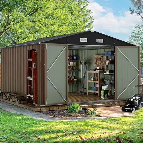 10x10 FT Outdoor Storage Shed, Brown | Metal Tool Sheds, Lockable Door, Sloping Roof, Utility Garden Shed for Lawn view 2