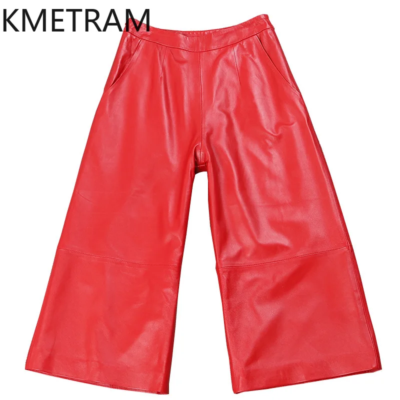 KMETRAM-Pantalon en cuir véritable pour femme, peau de mouton véritable, vêtements élégants pour femme, pantalon large pour femme, taille haute, hiver 2024