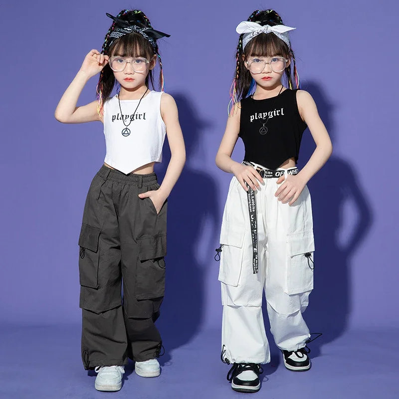 

Summer Kids Hip Hop Dance Clothes for Girls Jazz Performance Costume Black White Vest Baggy Pants Ballroom Dance Practice Wear