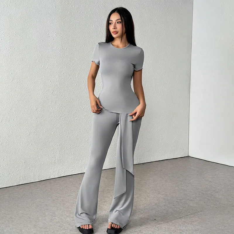 

Women New T-shirt Trousers Summer 2 Piece Streetwear Fashion Short Sleeve O-Neck Tees Casual Slim Trousers Solid Lady Two Piece
