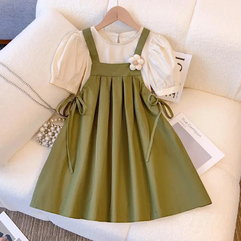 Summer Girls Dress Set Kids Top+Suspender Skirt 2Pic Children Flower Leisure Suit 3-14 Years Youth Party Clothes