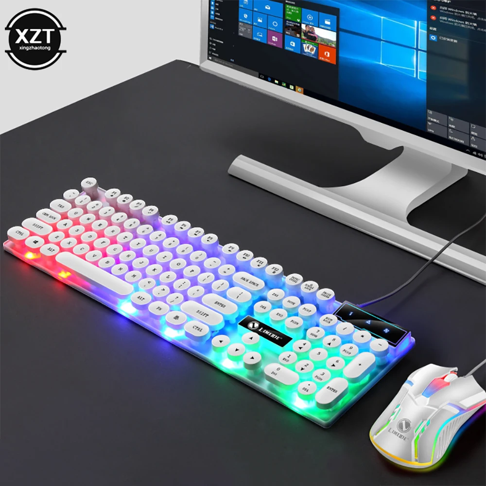 

GTX300 Punk Game Keyboard Mouse 104 Retro Round Key Cap RGB Backlit USB Wired Mouse and Keyboard Gamer Kit for PC Laptop Desktop