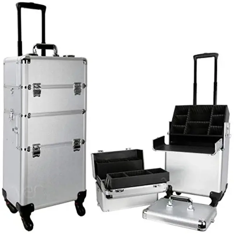 Professional New Rolling Beauty Case Trolley Cosmetic Case with 4 wheels Aluminum Makeup Train nail tool  Case with locks